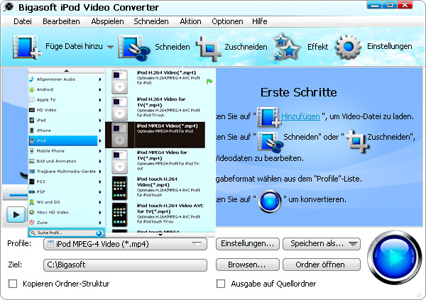 Umwandeln Video auf den iPod spielen - Bigasoft iPod Video Converter Stellen Sie die richtige Ausgabeformat-Adresse kann nicht auf den iPod / iPhone / iPad Problem übertragen werden