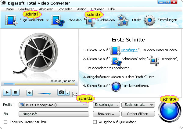 Schritte für die Video MP4, AVI, MOV, WMV schneiden Wie kann Video schneiden
