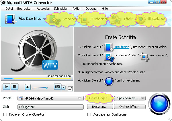 Video Editing-Funktionen für WTV to MP4 Converter Bearbeiten WTV-Datei mit WTV to MP4 Converter