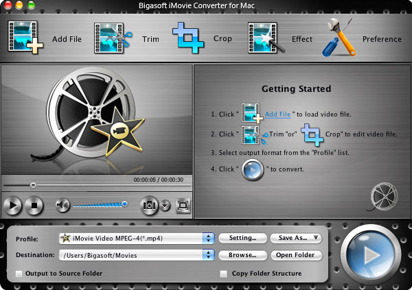 Screenshot of Bigasoft iMovie Converter for Mac
