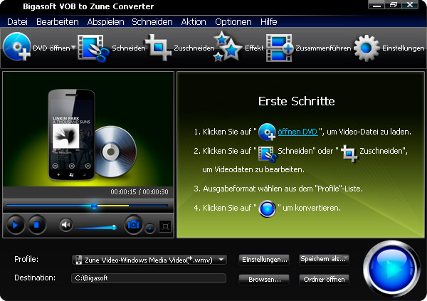 Screenshot von Bigasoft VOB to Zune Converter