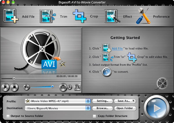 Screenshot of Bigasoft AVI to iMovie Converter for Mac