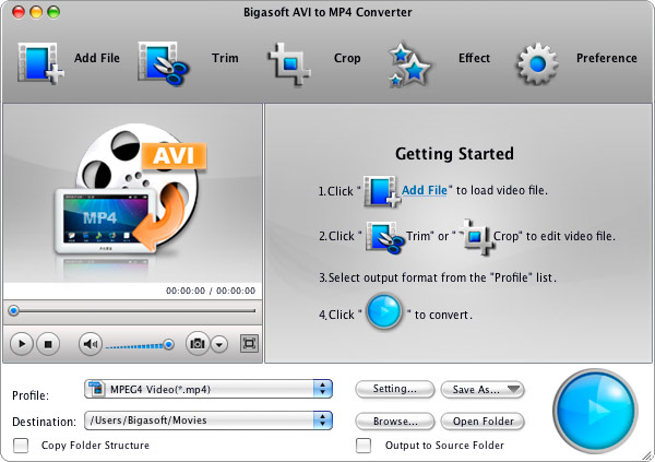 Screenshot of Bigasoft AVI to MP4 Converter for Mac