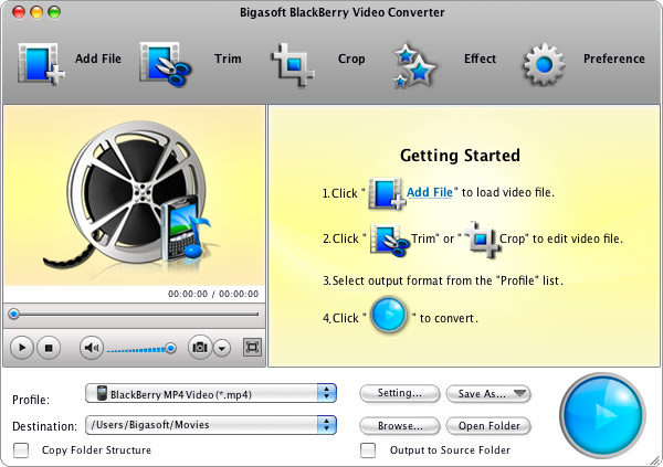Screenshot of Bigasoft BlackBerry Video Converter for Mac