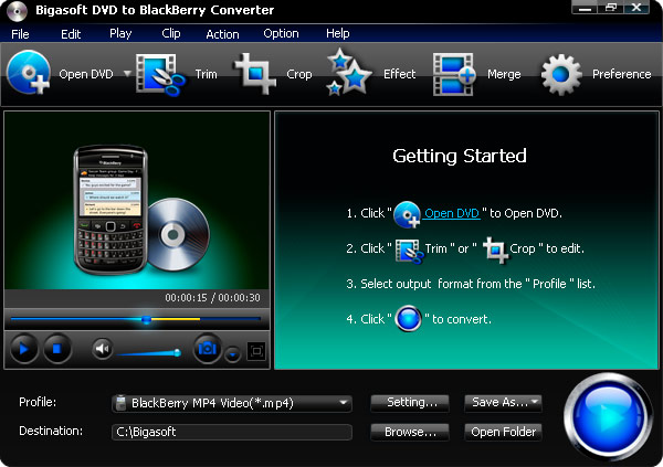 Convert DVD to BlackBerry video AVI, MP4, 3GP, WMV for watching on BlackBerry.