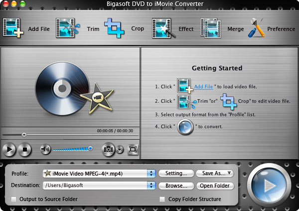 Screenshot of Bigasoft DVD to iMovie Converter for Mac