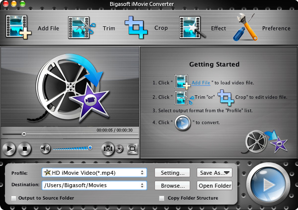 Screenshot of Bigasoft iMovie Converter for Mac