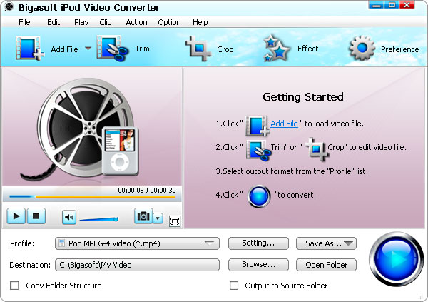 Click to view Bigasoft iPod Video Converter 3.6.18.4499 screenshot