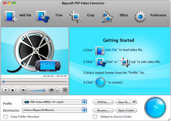Screenshot of Bigasoft PSP Video Converter for Mac