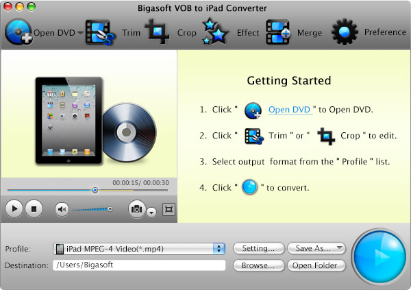 Screenshot of Bigasoft VOB to iPad Converter for Mac