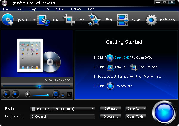 Screenshot of Bigasoft VOB to iPad Converter