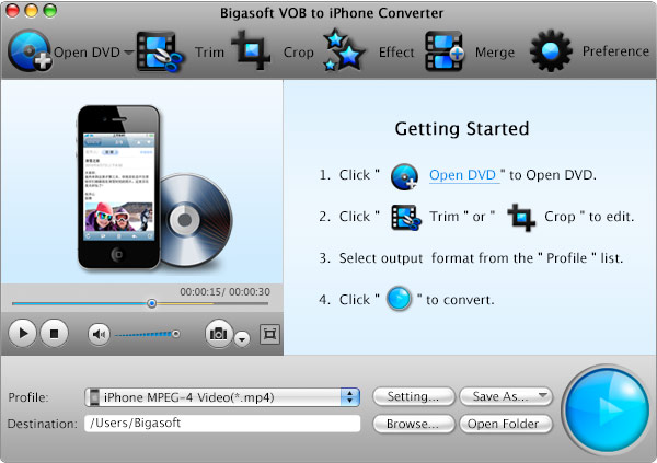 Screenshot of Bigasoft VOB to iPhone Converter for Mac