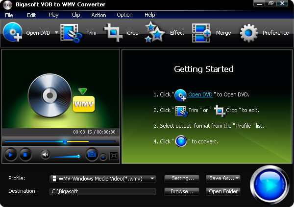 Screenshot of Bigasoft VOB to WMV Converter